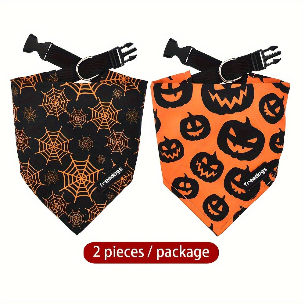 Pack 2 Bandanas Halloween Chien avec Collier - Citrouille et Toile d'Araignée