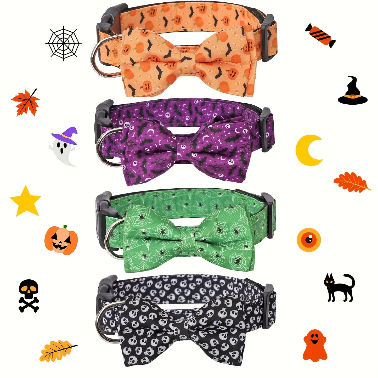 Collier Halloween Chien Ajustable - Motifs Citrouille Chauve-Souris Sorcière