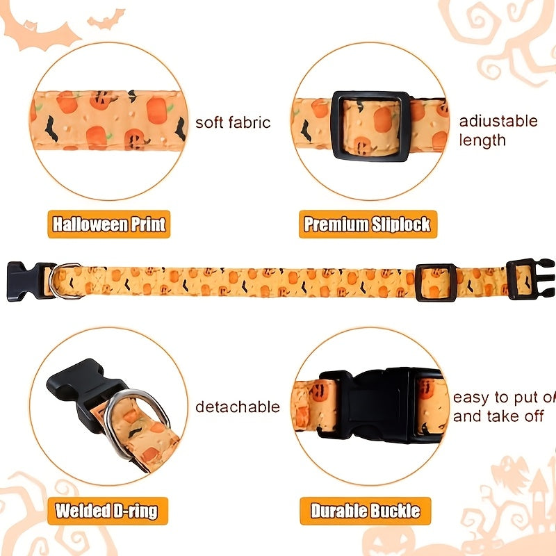 Collier Halloween Chien Ajustable - Motifs Citrouille Chauve-Souris Sorcière